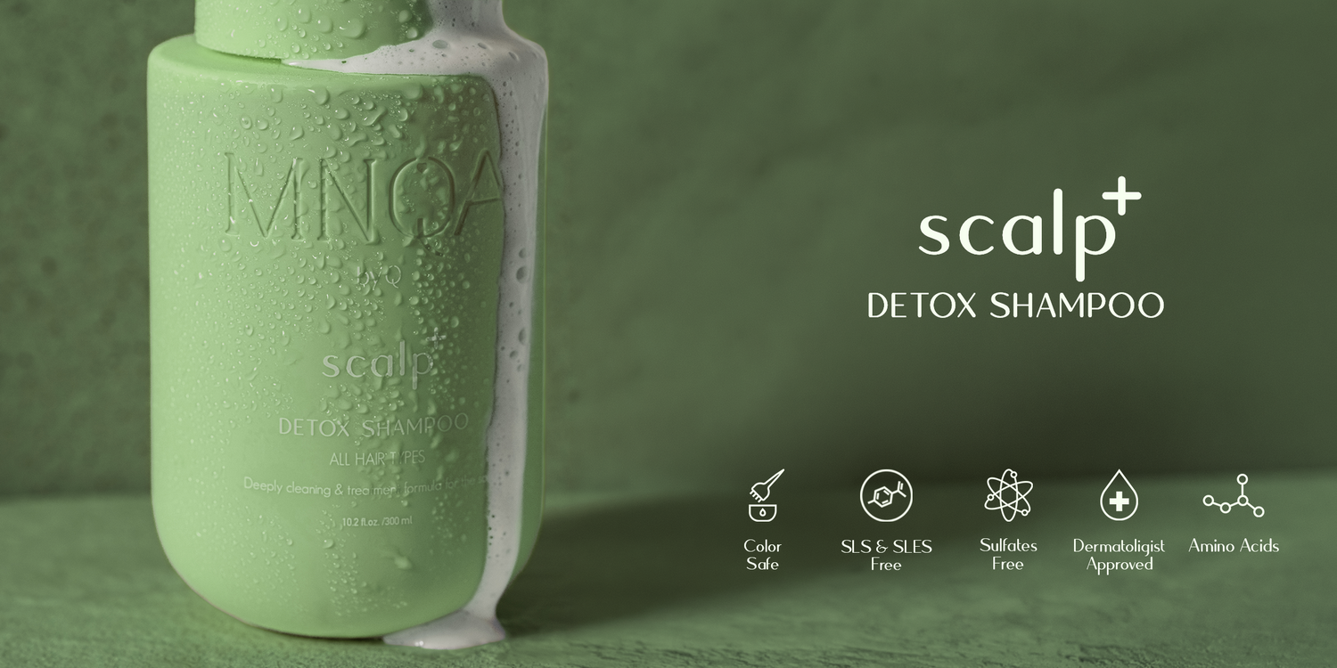 Green shampoo bottle labeled 'Minoa' with 'scalp+ Detox Shampoo' on a green background