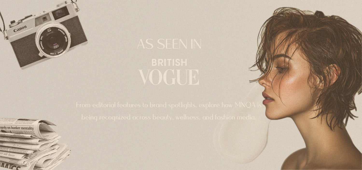 Woman with styled hair, vintage camera, and stacked newspapers on a beige background with 'British Vogue' text.